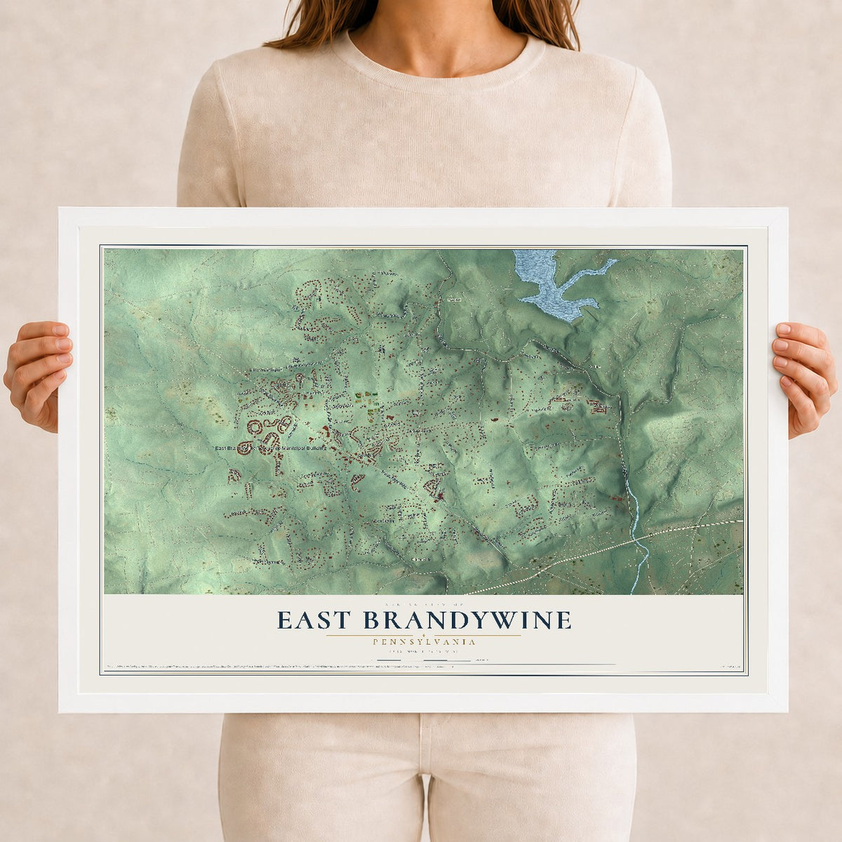 Map of East Brandywine, Pennsylvania, 12 x 18 inch print in a white wood frame