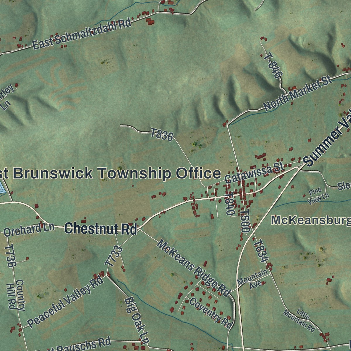 Close-up of the map of East Brunswick, Pennsylvania print showing street and building detail