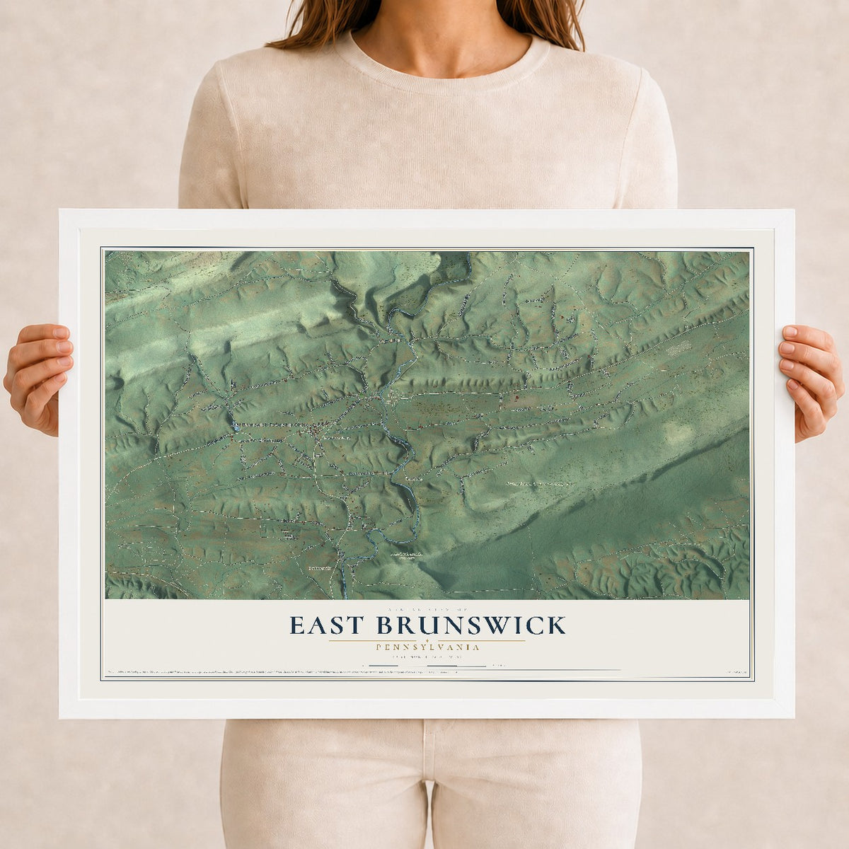 Map of East Brunswick, Pennsylvania, 12 x 18 inch print in a white wood frame