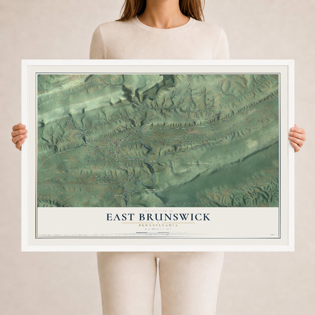 Map of East Brunswick, Pennsylvania, 24 x 36 inch print in a white wood frame