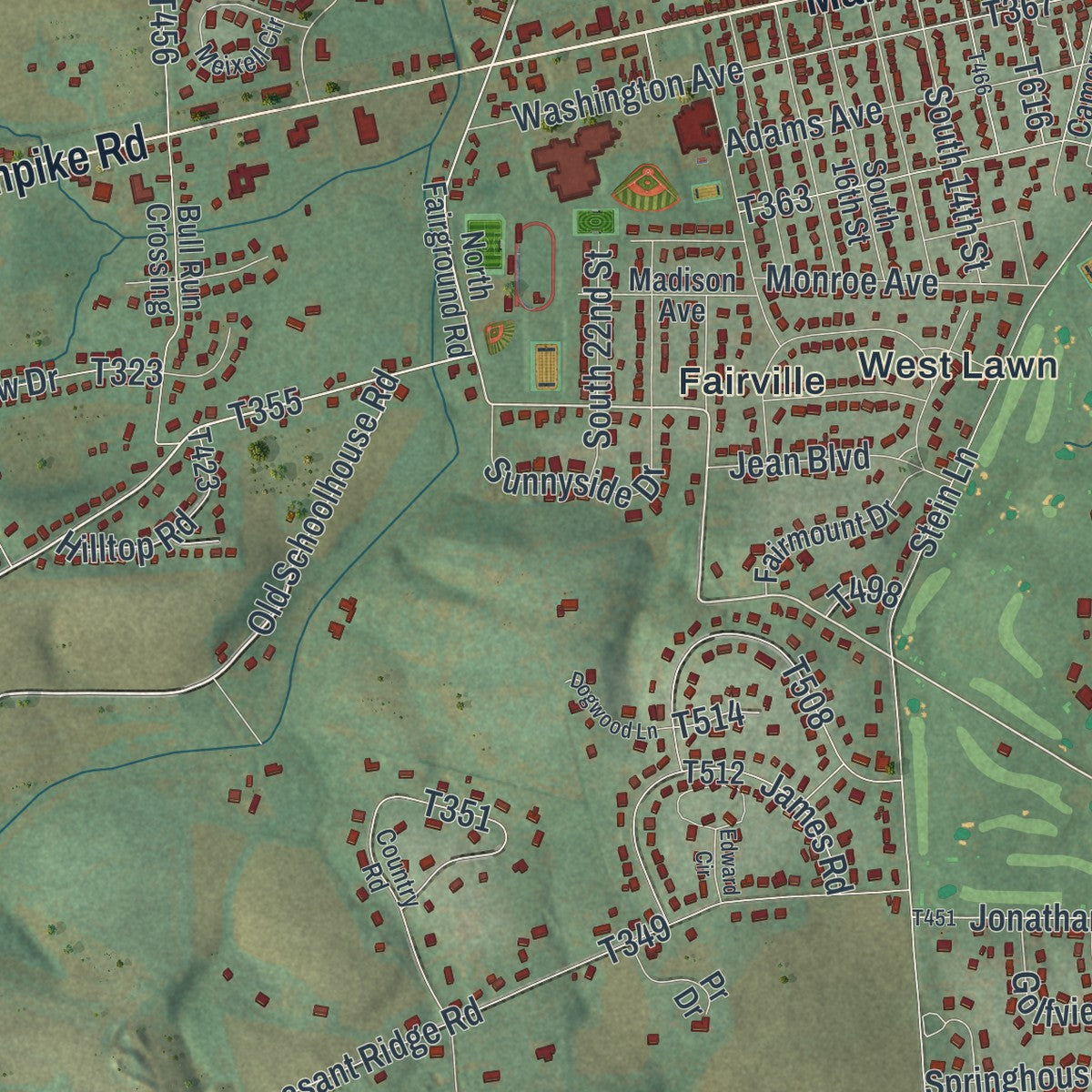 Close-up of the map of East Buffalo, Pennsylvania print showing street and building detail