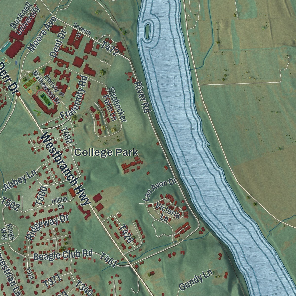 Second close-up of the map of East Buffalo, Pennsylvania print showing more streets and buildings