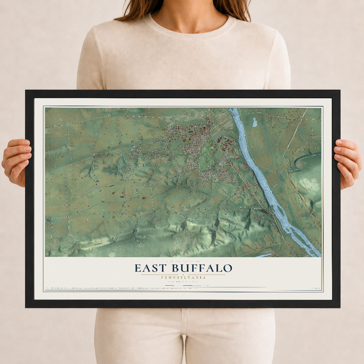 Map of East Buffalo, Pennsylvania, 12 x 18 inch print in a black wood frame