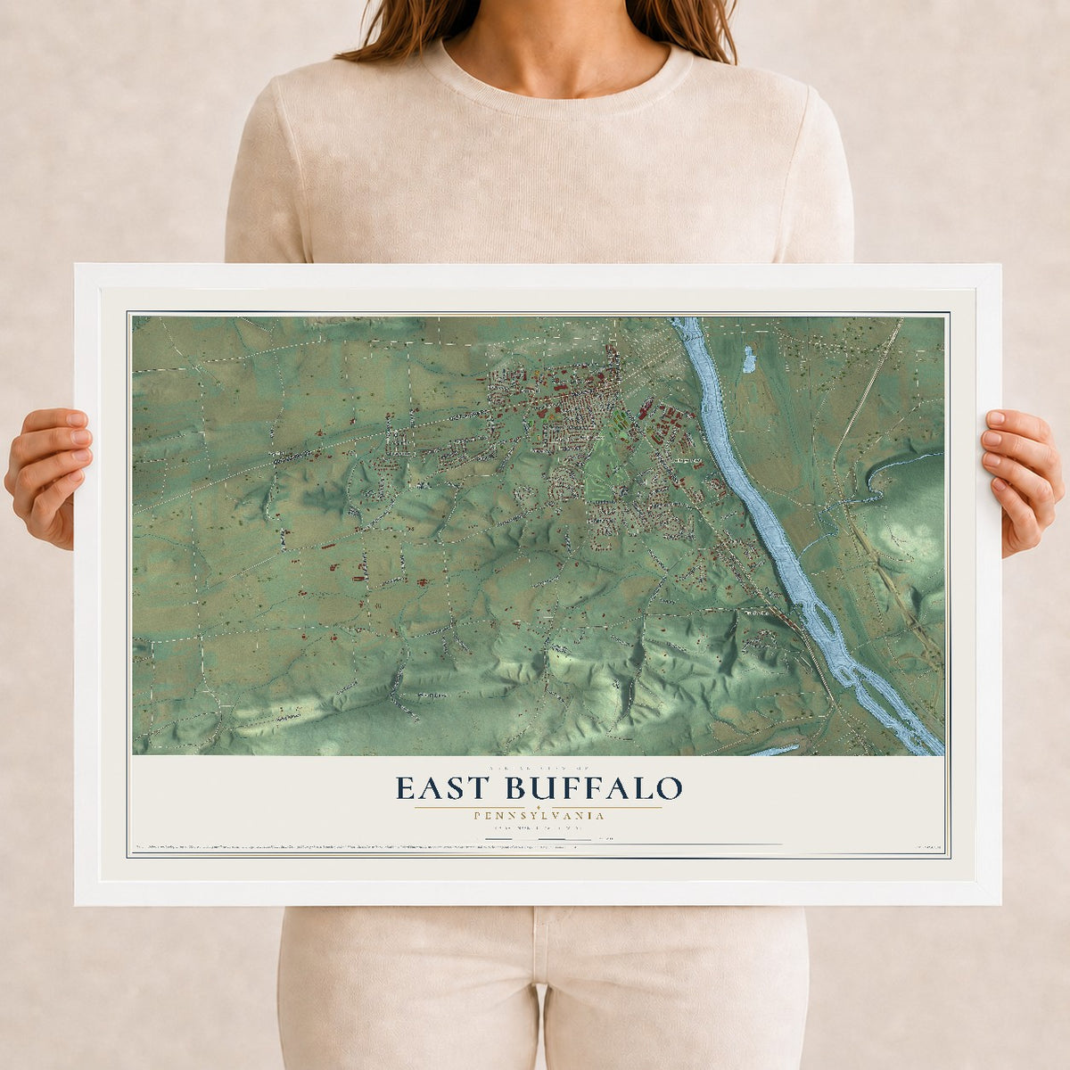 Map of East Buffalo, Pennsylvania, 12 x 18 inch print in a white wood frame