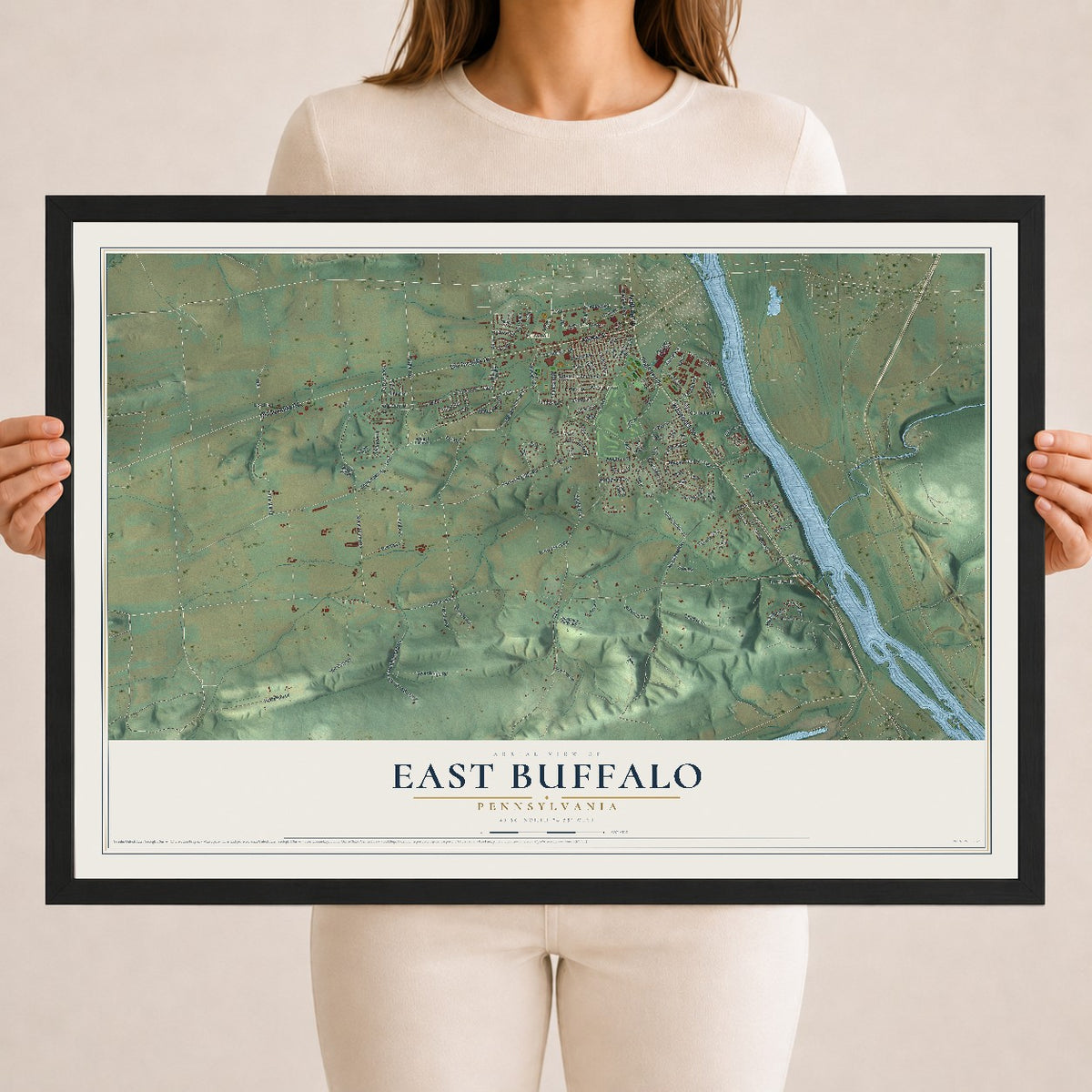 Map of East Buffalo, Pennsylvania, 18 x 24 inch print in a black wood frame