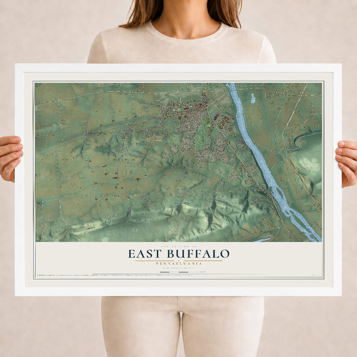 Map of East Buffalo, Pennsylvania, 18 x 24 inch print in a white wood frame