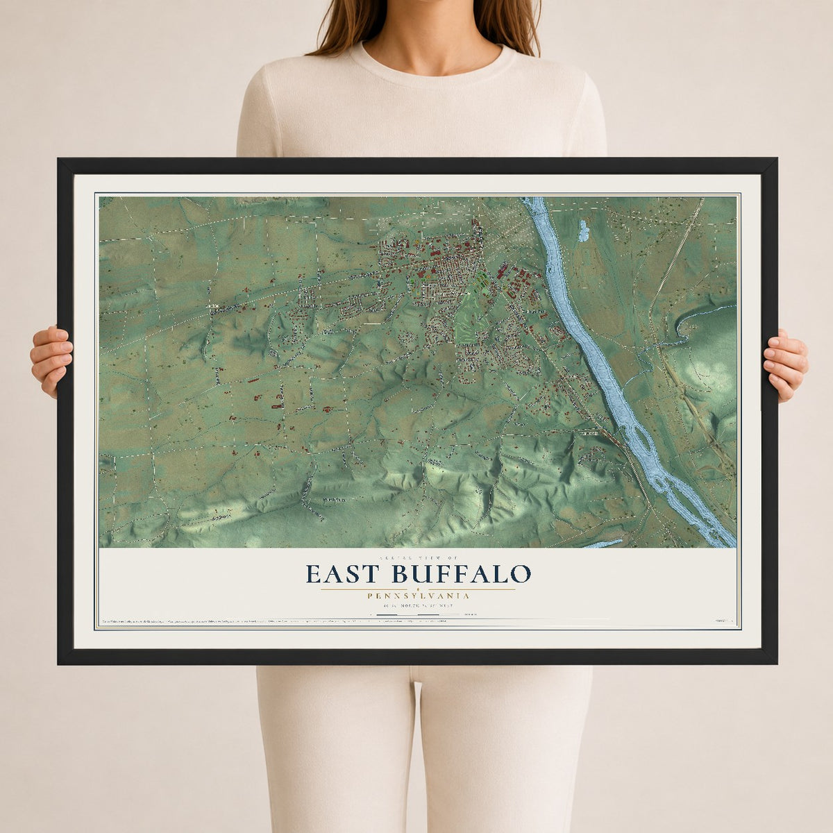 Map of East Buffalo, Pennsylvania, 24 x 36 inch print in a black wood frame