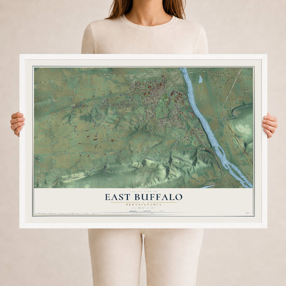 Map of East Buffalo, Pennsylvania, 24 x 36 inch print in a white wood frame