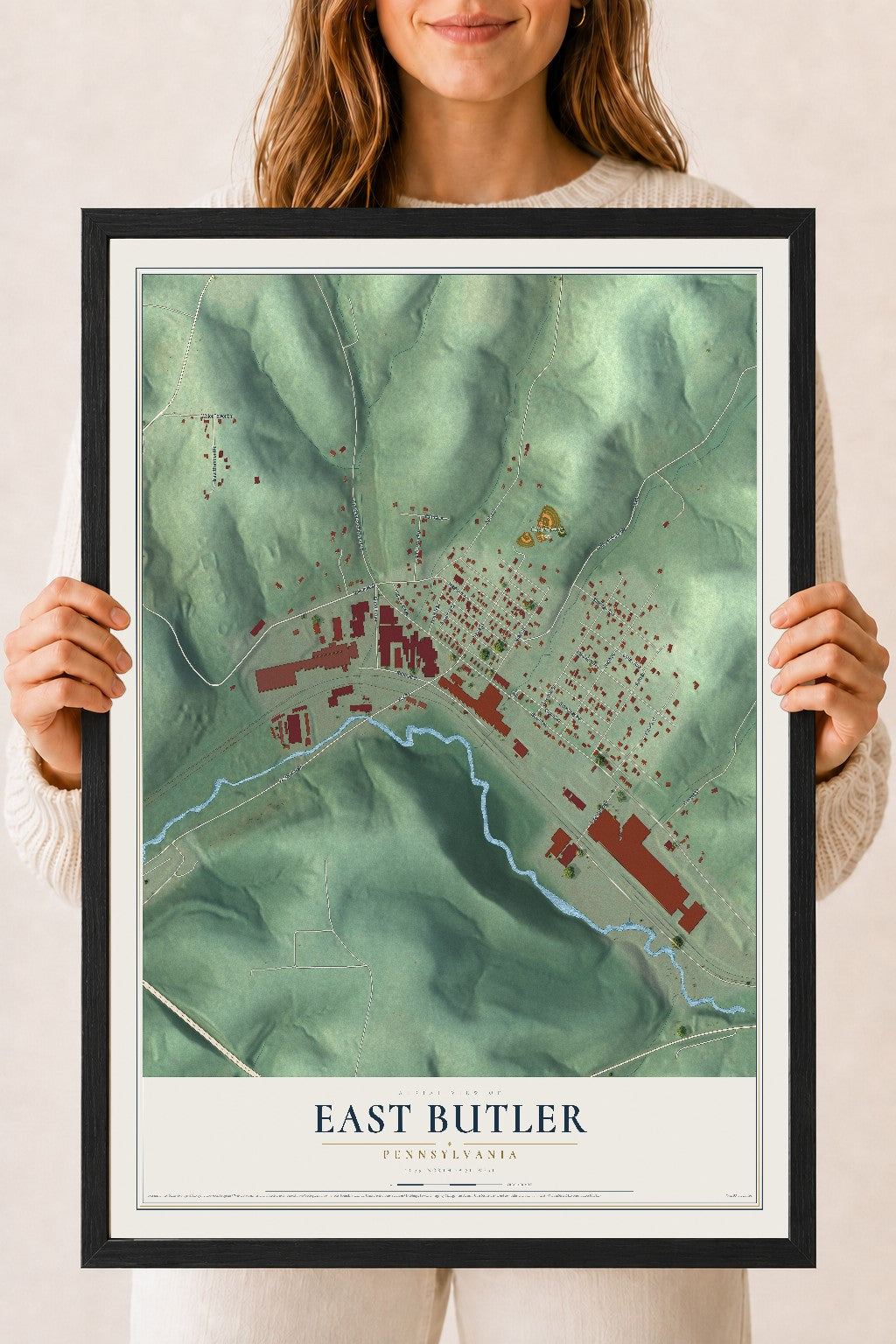 Map of East Butler, Pennsylvania, 18 x 24 inch print in a black wood frame