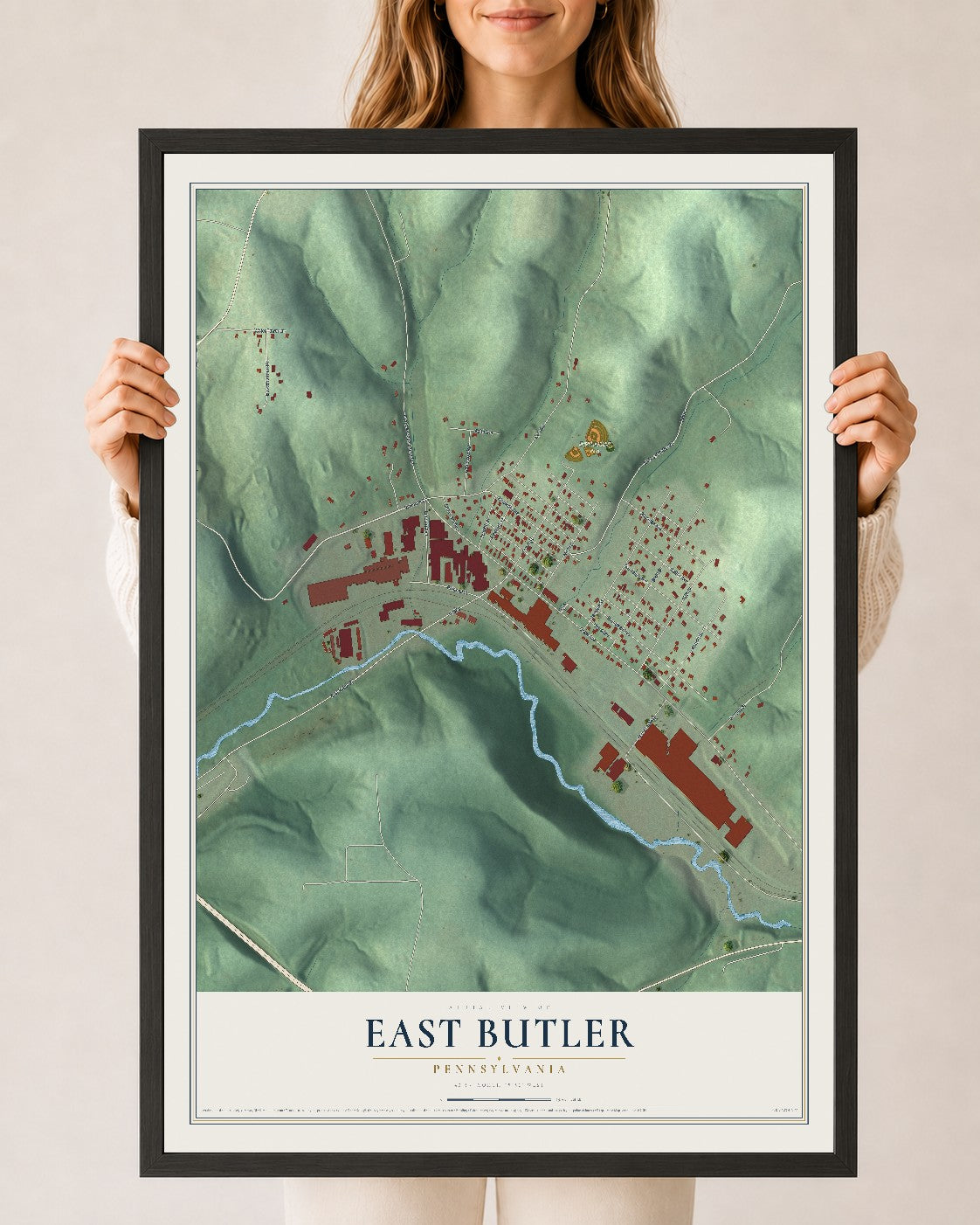 Map of East Butler, Pennsylvania, 24 x 36 inch print in a black wood frame