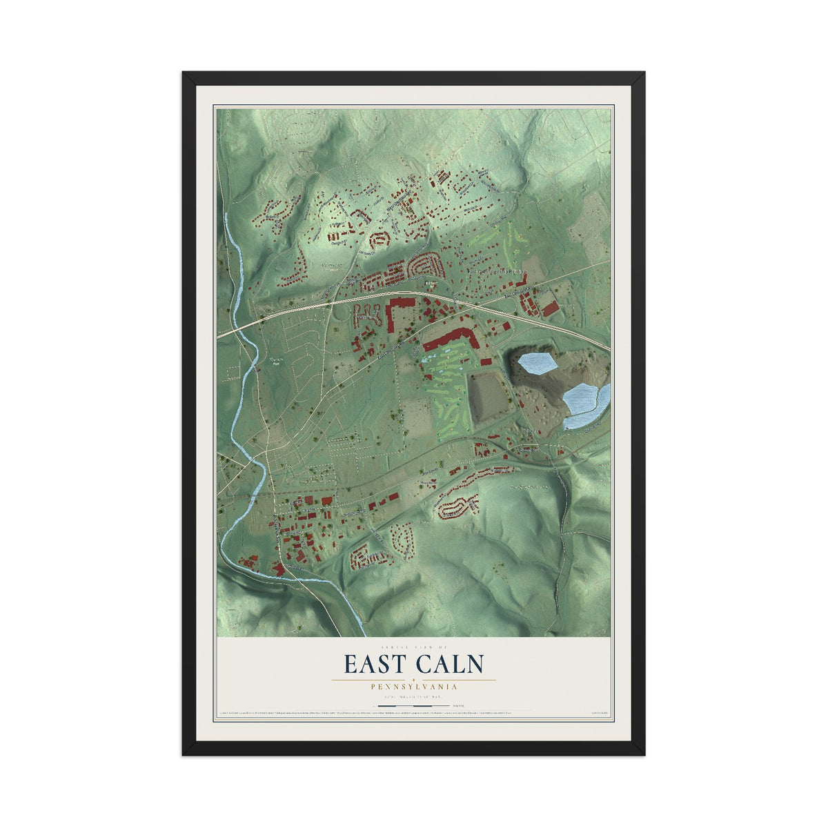 Map of East Caln, Pennsylvania, 12 x 18 inch print in a black wood frame