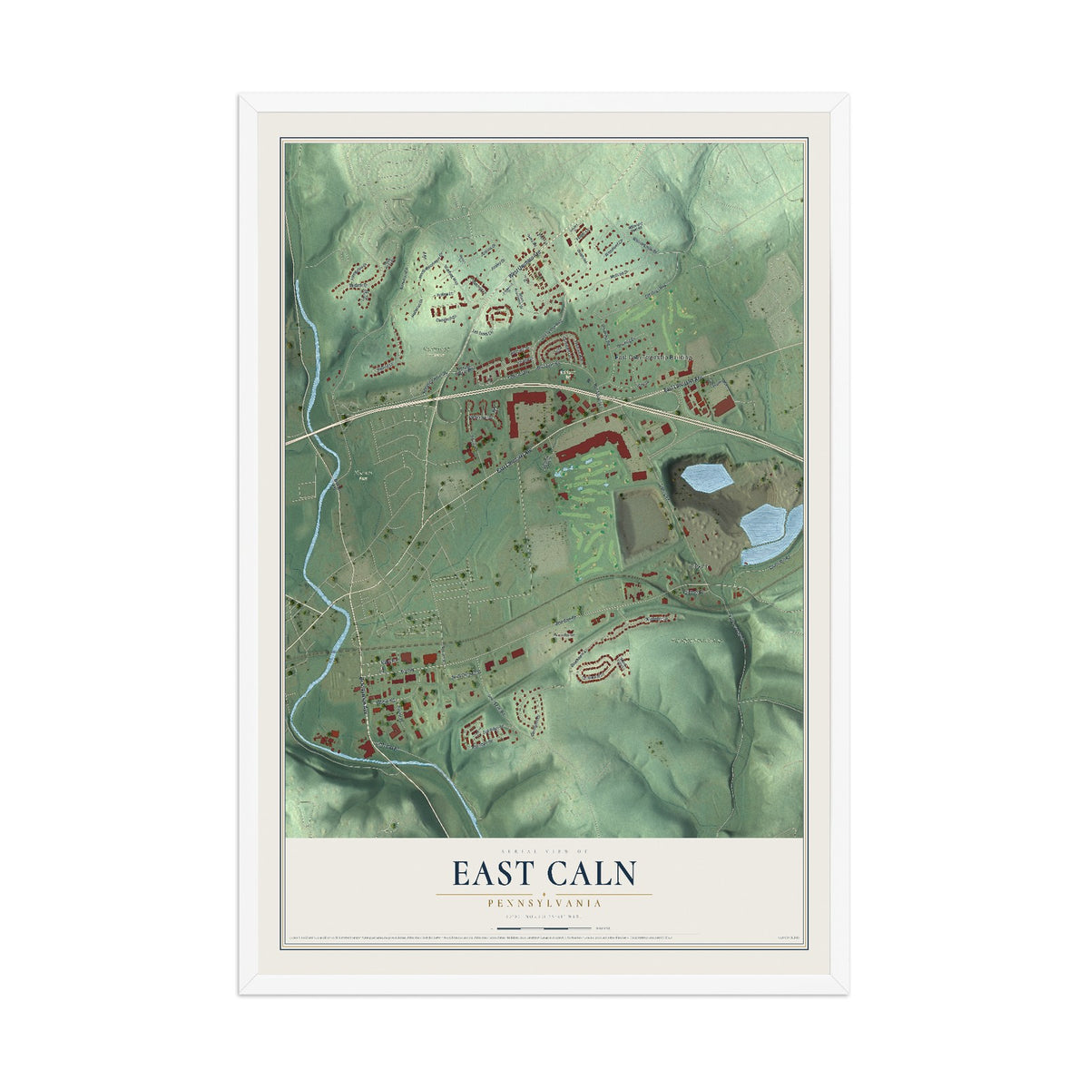 Map of East Caln, Pennsylvania, 12 x 18 inch print in a white wood frame