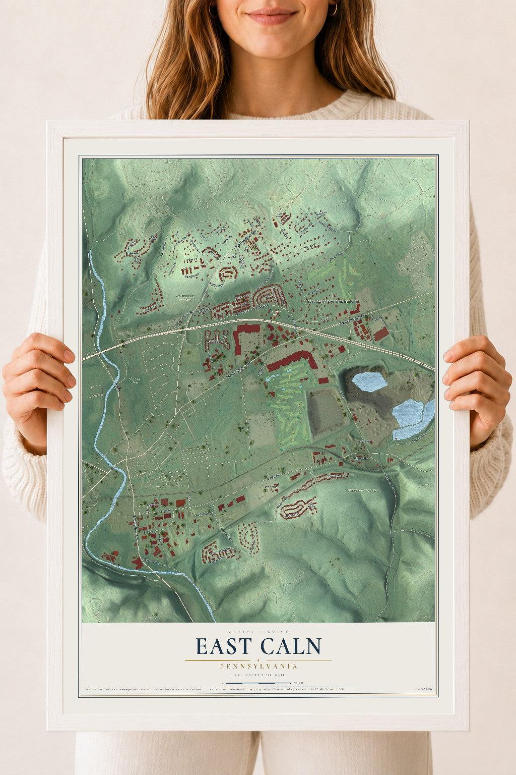 Map of East Caln, Pennsylvania, 18 x 24 inch print in a white wood frame