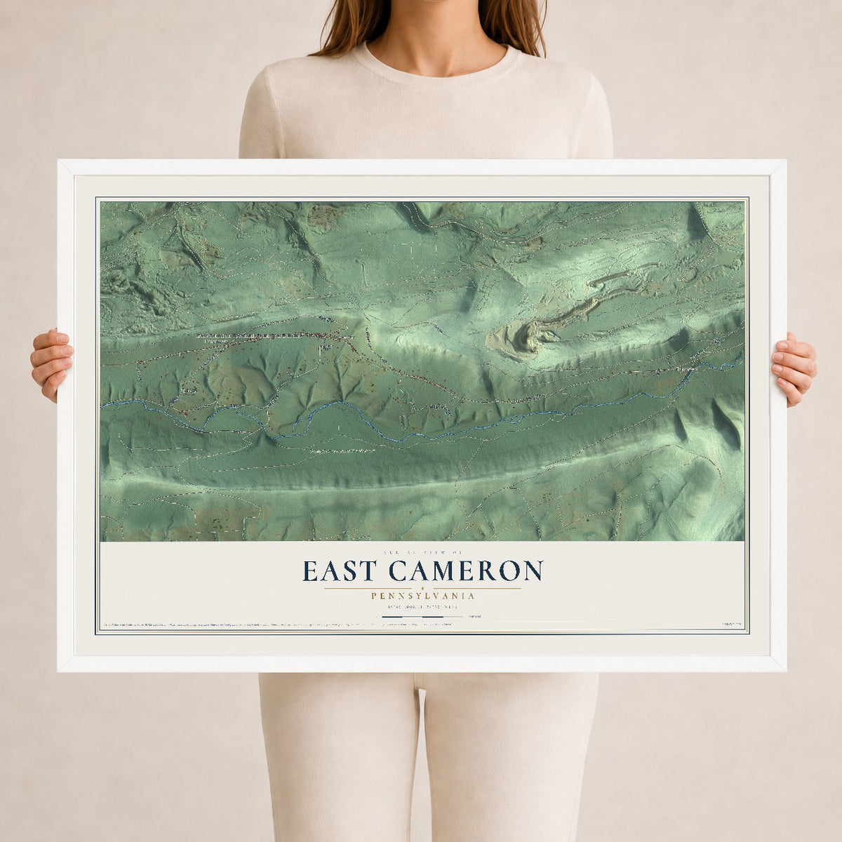 Map of East Cameron, Pennsylvania, 24 x 36 inch print in a white wood frame
