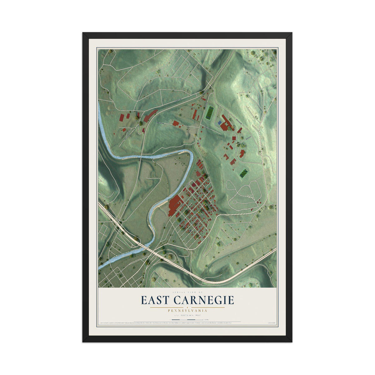 Map of East Carnegie, Pennsylvania, 12 x 18 inch print in a black wood frame