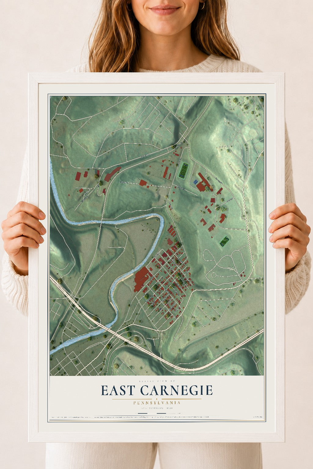 Map of East Carnegie, Pennsylvania, 18 x 24 inch print in a white wood frame