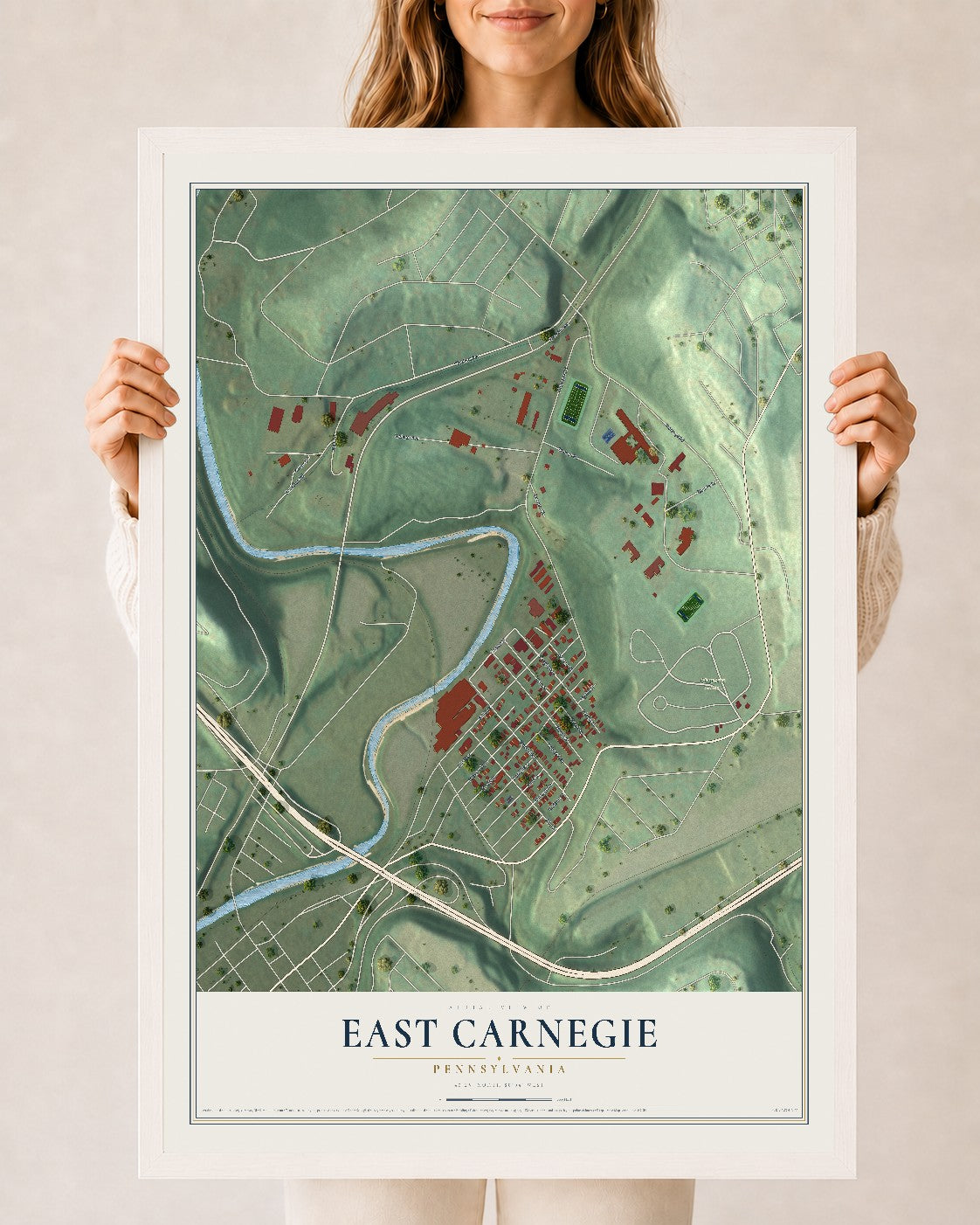 Map of East Carnegie, Pennsylvania, 24 x 36 inch print in a white wood frame