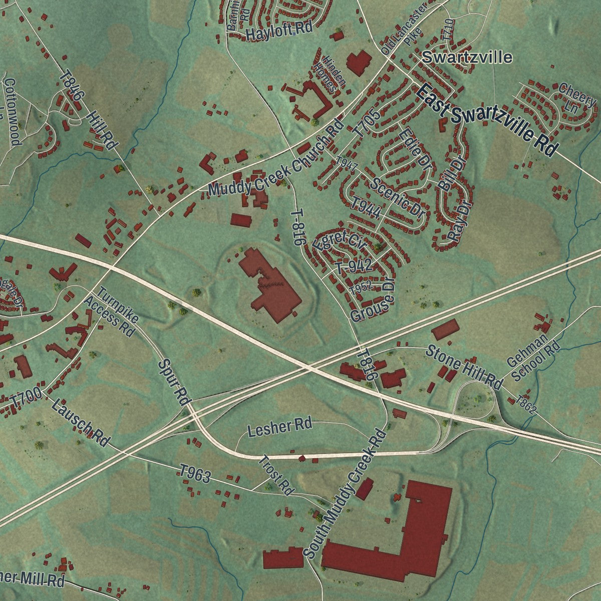 Close-up of the map of East Cocalico, Pennsylvania print showing street and building detail