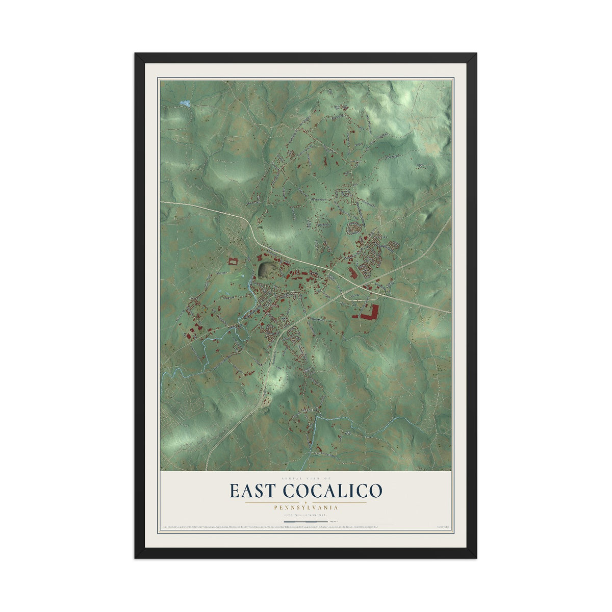 Map of East Cocalico, Pennsylvania, 12 x 18 inch print in a black wood frame