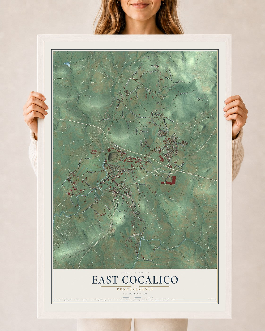 Map of East Cocalico, Pennsylvania, 24 x 36 inch print in a white wood frame