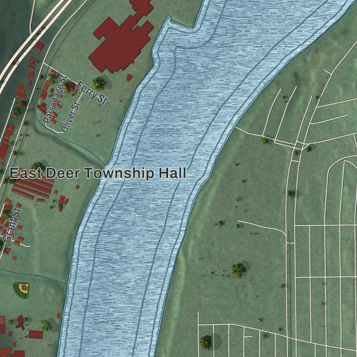 Close-up of the map of East Deer, Pennsylvania print showing street and building detail