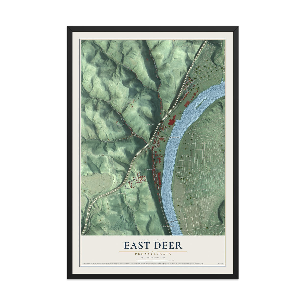 Map of East Deer, Pennsylvania, 12 x 18 inch print in a black wood frame