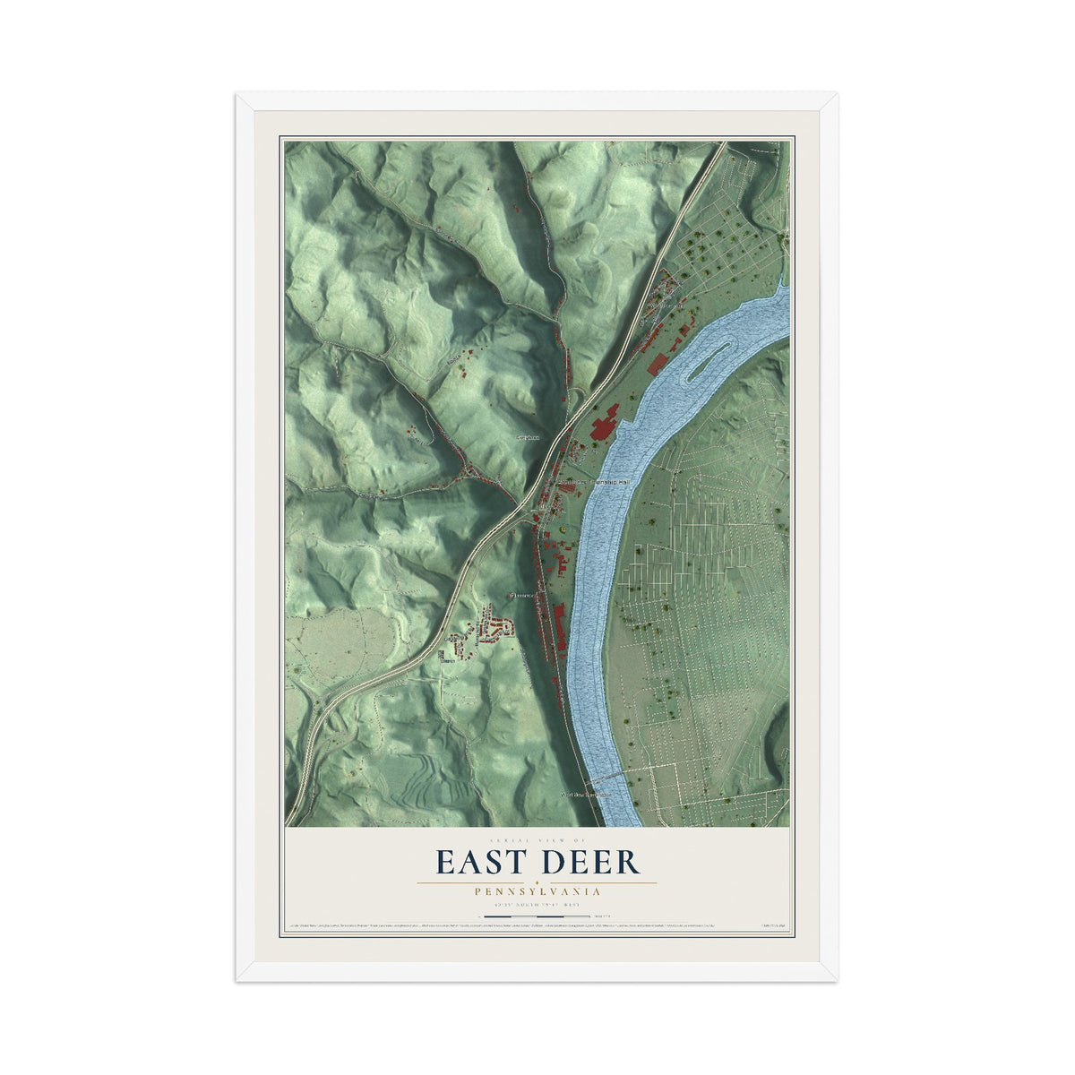 Map of East Deer, Pennsylvania, 12 x 18 inch print in a white wood frame