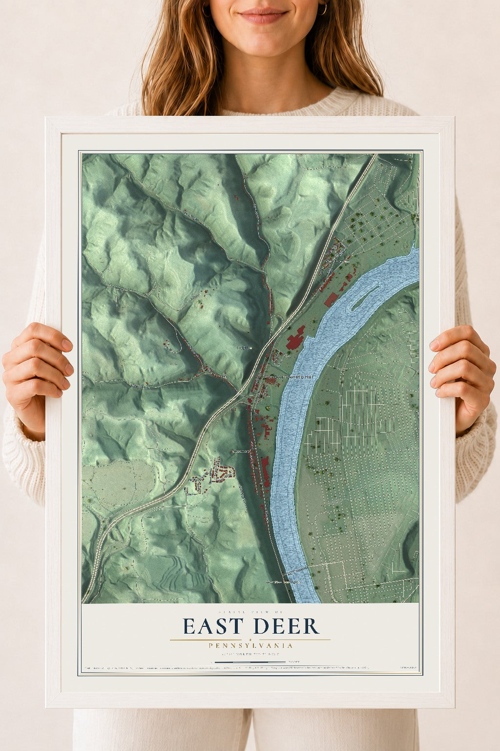 Map of East Deer, Pennsylvania, 18 x 24 inch print in a white wood frame