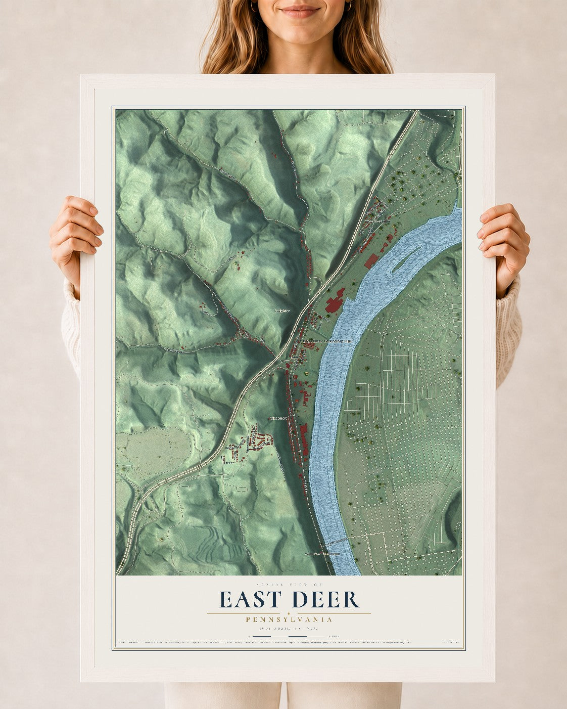 Map of East Deer, Pennsylvania, 24 x 36 inch print in a white wood frame