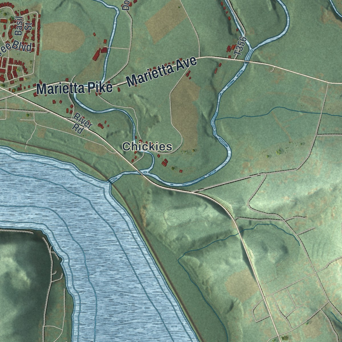 Second close-up of the map of East Donegal, Pennsylvania print showing more streets and buildings