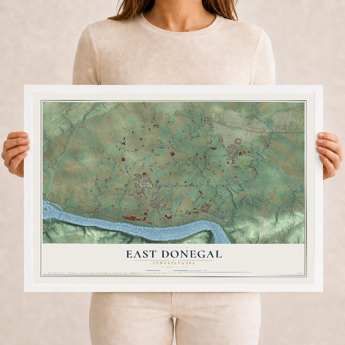 Map of East Donegal, Pennsylvania, 12 x 18 inch print in a white wood frame