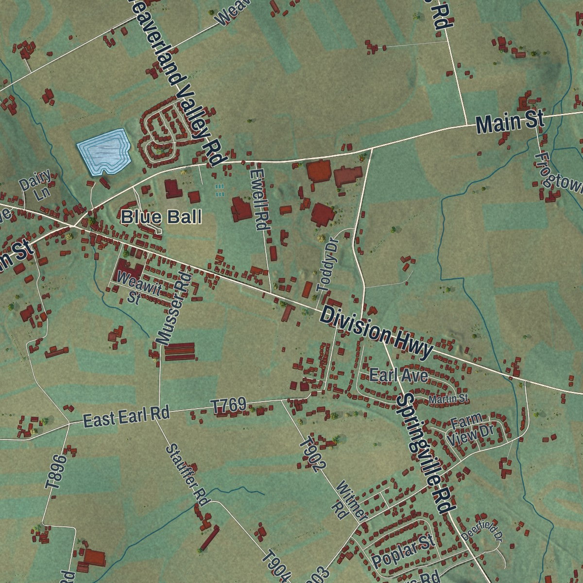 Close-up of the map of East Earl, Pennsylvania print showing street and building detail