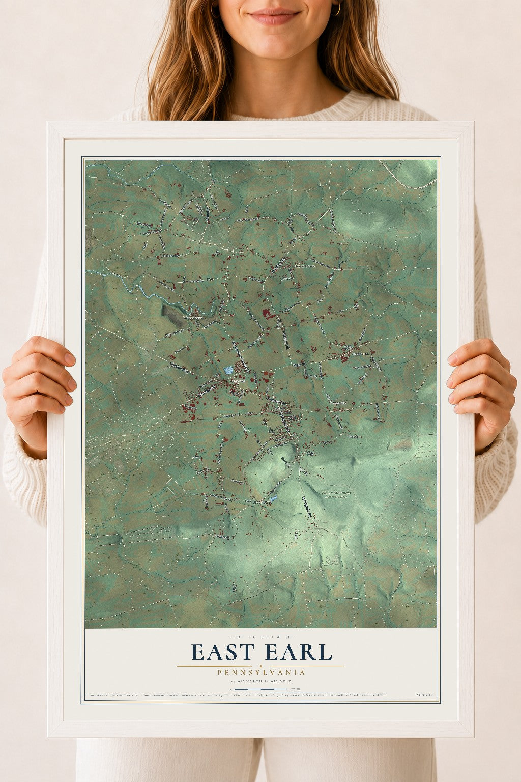 Map of East Earl, Pennsylvania, 18 x 24 inch print in a white wood frame