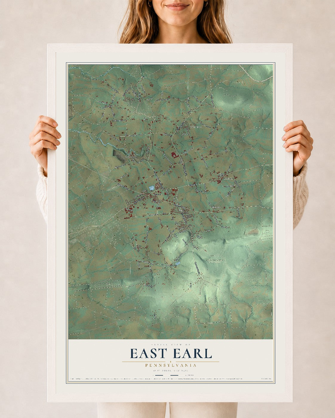 Map of East Earl, Pennsylvania, 24 x 36 inch print in a white wood frame