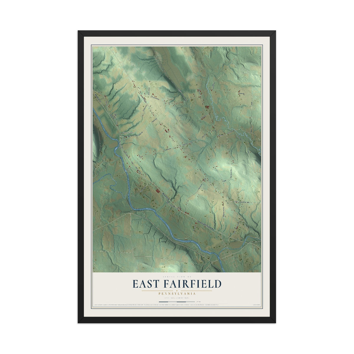 Map of East Fairfield, Pennsylvania, 12 x 18 inch print in a black wood frame