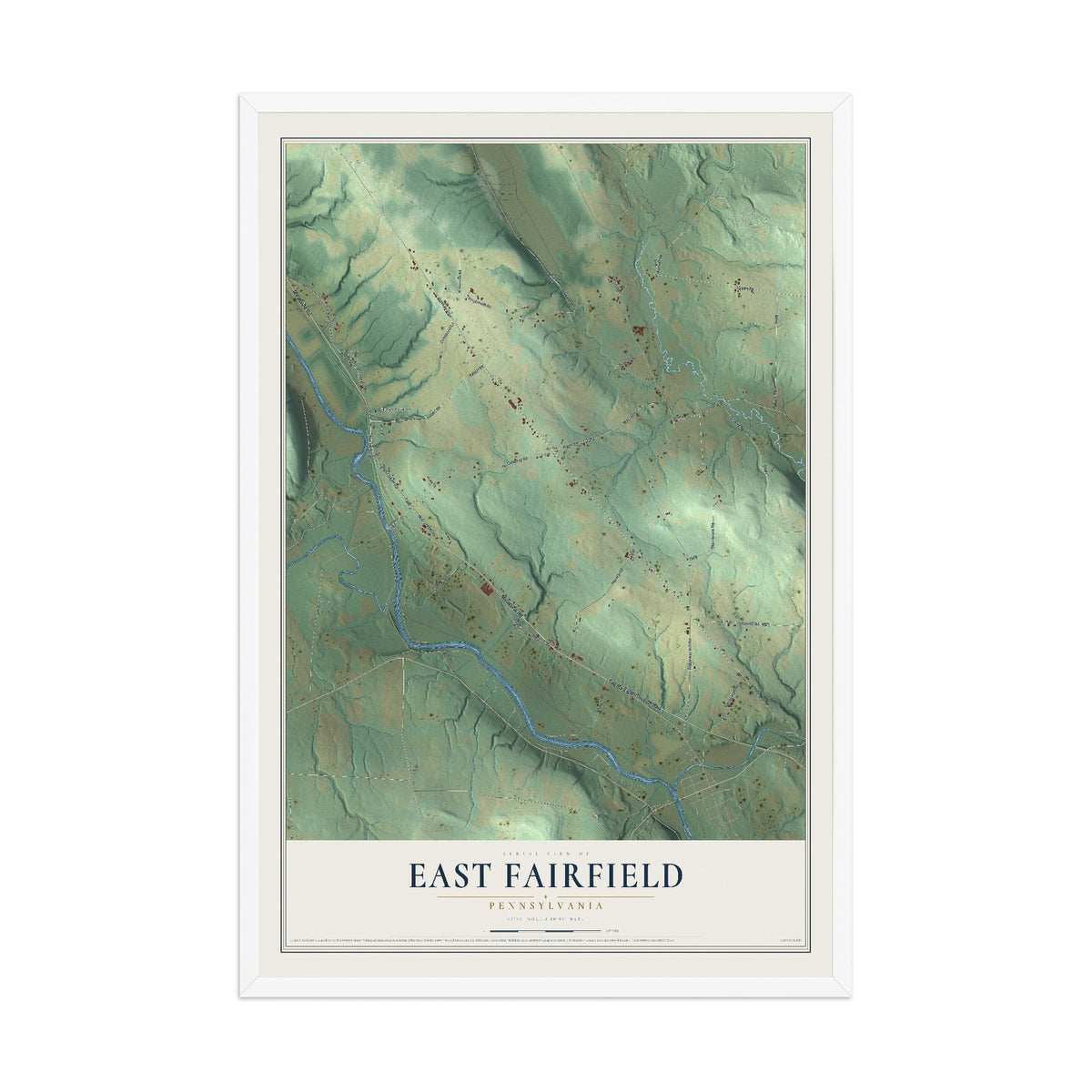 Map of East Fairfield, Pennsylvania, 12 x 18 inch print in a white wood frame