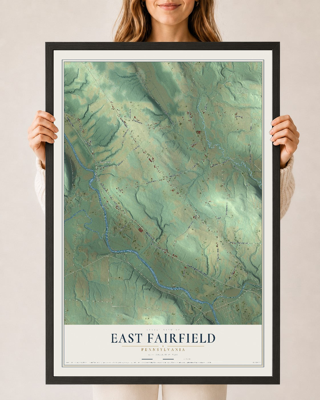 Map of East Fairfield, Pennsylvania, 24 x 36 inch print in a black wood frame
