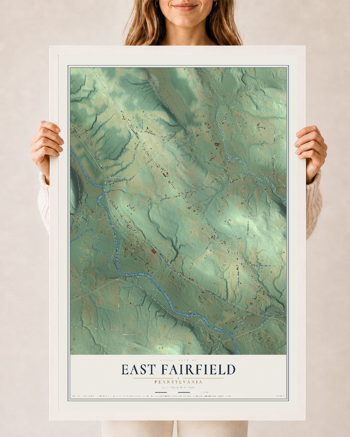 Map of East Fairfield, Pennsylvania, 24 x 36 inch print in a white wood frame