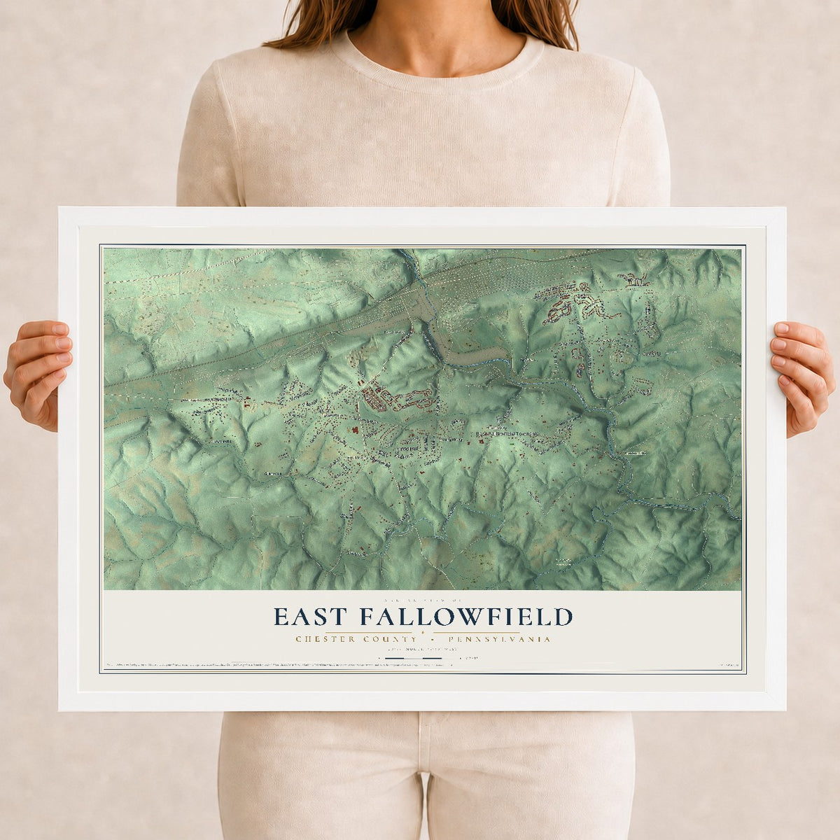 Map of East Fallowfield, Chester County, Pennsylvania, 12 x 18 inch print in a white wood frame