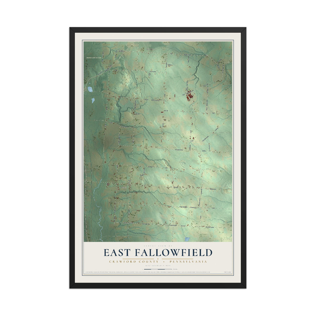 Map of East Fallowfield, Crawford County, Pennsylvania, 12 x 18 inch print in a black wood frame