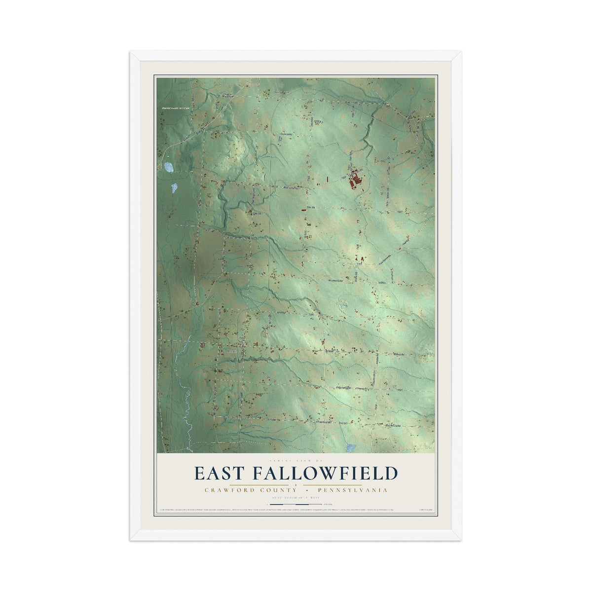 Map of East Fallowfield, Crawford County, Pennsylvania, 12 x 18 inch print in a white wood frame