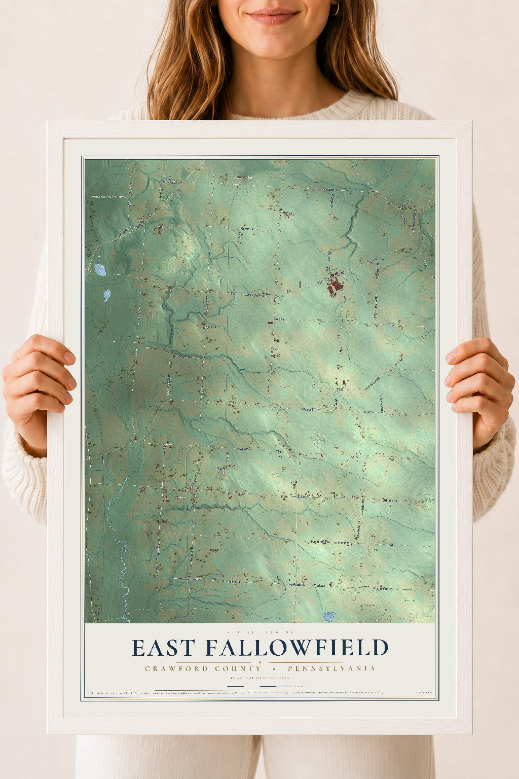 Map of East Fallowfield, Crawford County, Pennsylvania, 18 x 24 inch print in a white wood frame