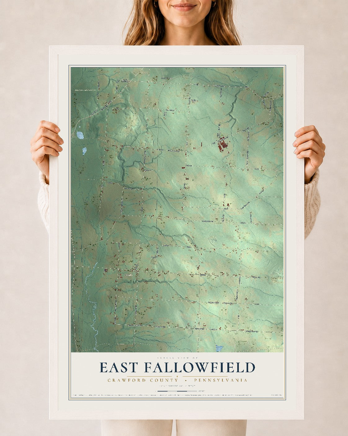 Map of East Fallowfield, Crawford County, Pennsylvania, 24 x 36 inch print in a white wood frame
