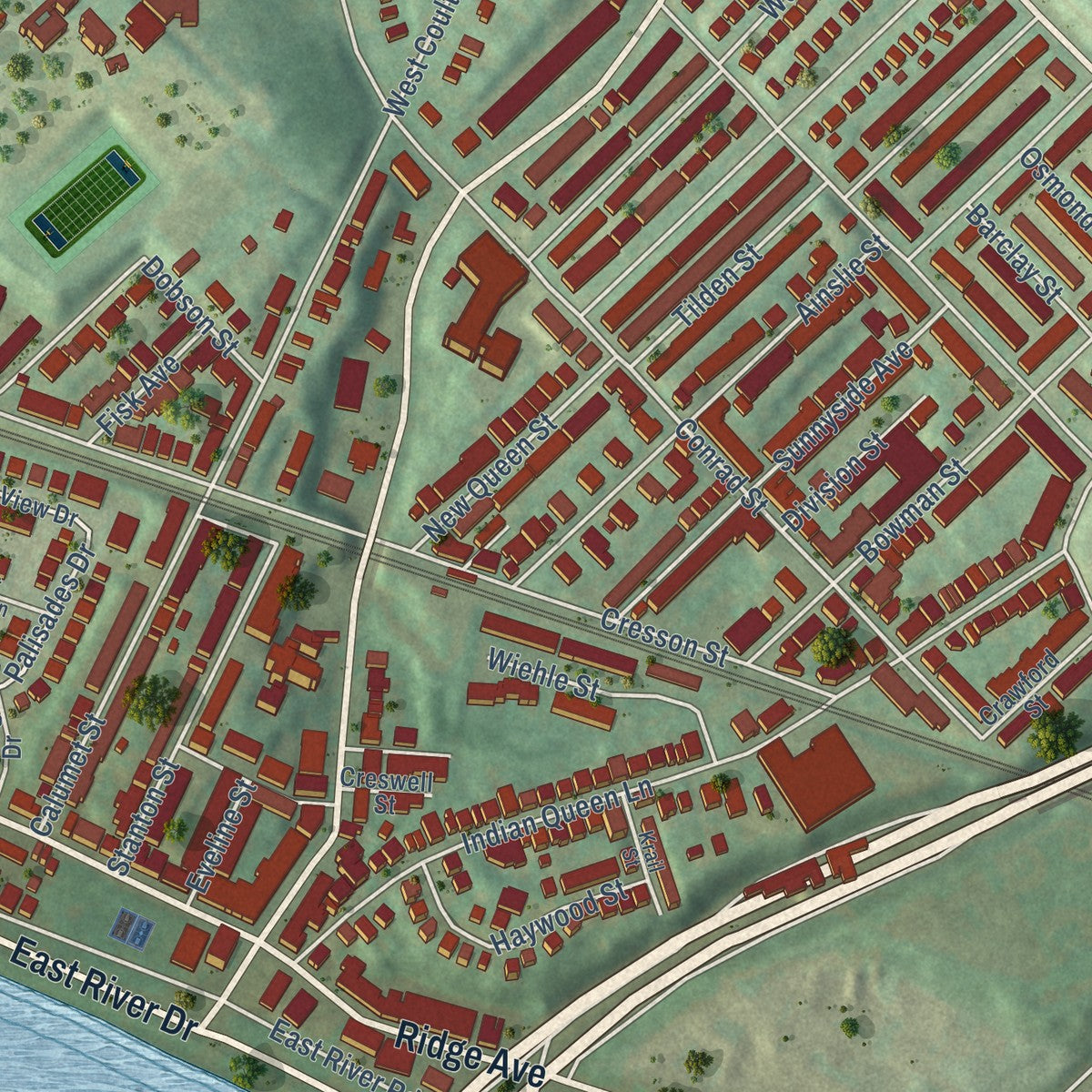 Close-up of the map of East Falls, Pennsylvania print showing street and building detail