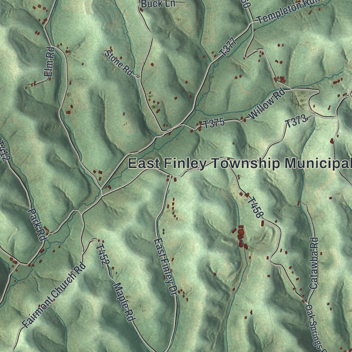 Close-up of the map of East Finley, Pennsylvania print showing street and building detail