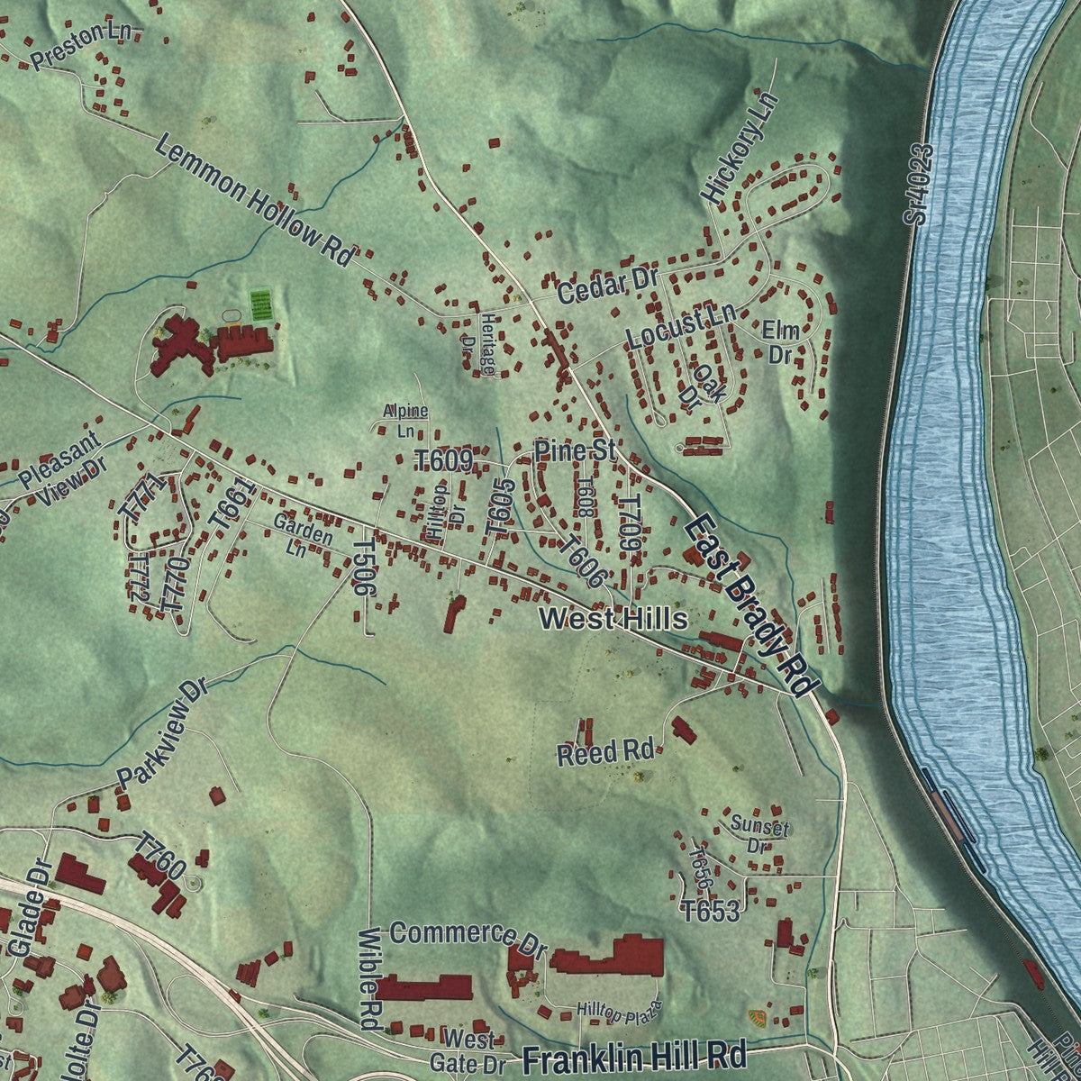 Close-up of the map of East Franklin, Pennsylvania print showing street and building detail
