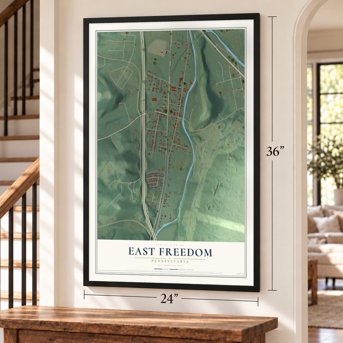 East Freedom, Pennsylvania map, 24 x 36 inch print in a black frame by a staircase