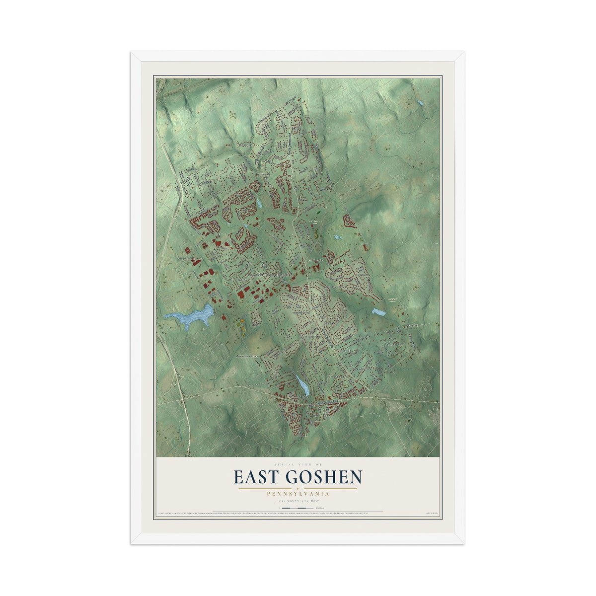 Map of East Goshen, Pennsylvania, 12 x 18 inch print in a white wood frame