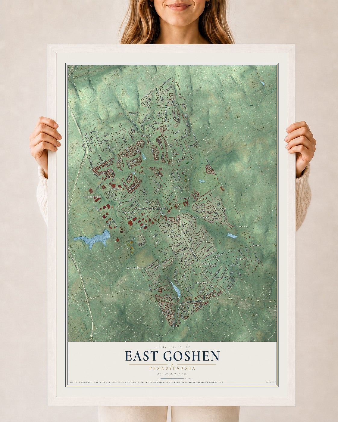 Map of East Goshen, Pennsylvania, 24 x 36 inch print in a white wood frame