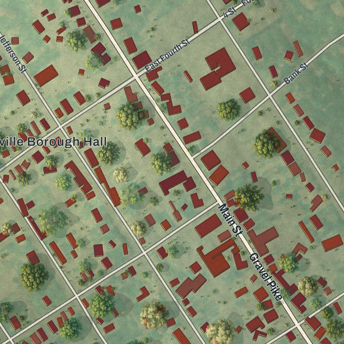 Close-up of the map of East Greenville, Pennsylvania print showing street and building detail